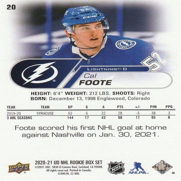 Cal Foote - 2020/2021 UD Rookie Box Set Card - Picture 2 of 2